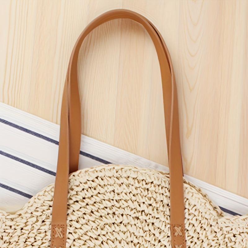Straw Woven Round Shoulder Bag Large Capacity for Travel & Vacation