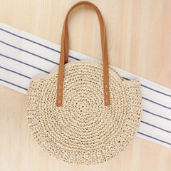 Straw Woven Round Shoulder Bag Large Capacity for Travel & Vacation