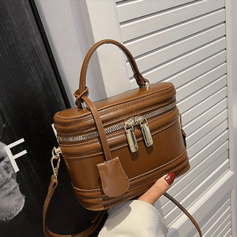 PU Leather Bucket Bag Waterproof Zipper Vintage Handbag
