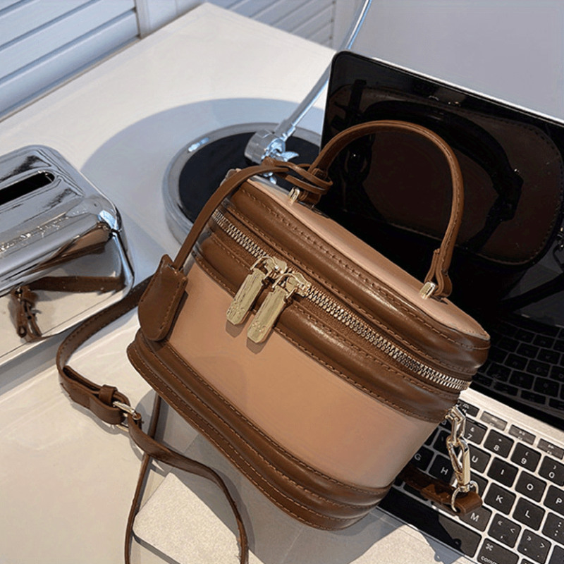 PU Leather Bucket Bag Waterproof Zipper Vintage Handbag