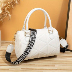 Argyle Embroidery Handbags PU Leather Boston Bag Women's Cylinder Bucket Purses