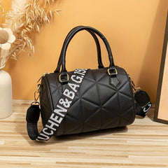 Argyle Embroidery Handbags PU Leather Boston Bag Women's Cylinder Bucket Purses