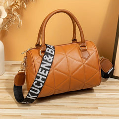 Argyle Embroidery Handbags PU Leather Boston Bag Women's Cylinder Bucket Purses