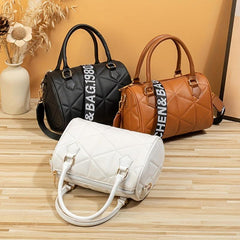 Argyle Embroidery Handbags PU Leather Boston Bag Women's Cylinder Bucket Purses