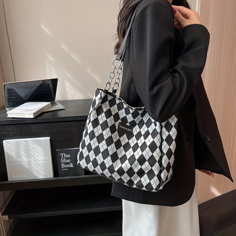Rhombus Pattern Tote Bag Large Capacity Shoulder Handbag