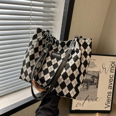 Rhombus Pattern Tote Bag Large Capacity Shoulder Handbag