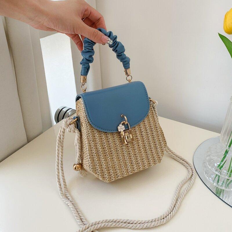 Mini Flower Decor Straw Bag Ruched Top Handle Bag Women's