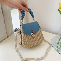 Mini Flower Decor Straw Bag Ruched Top Handle Bag Women's