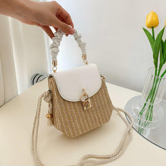 Mini Flower Decor Straw Bag Ruched Top Handle Bag Women's