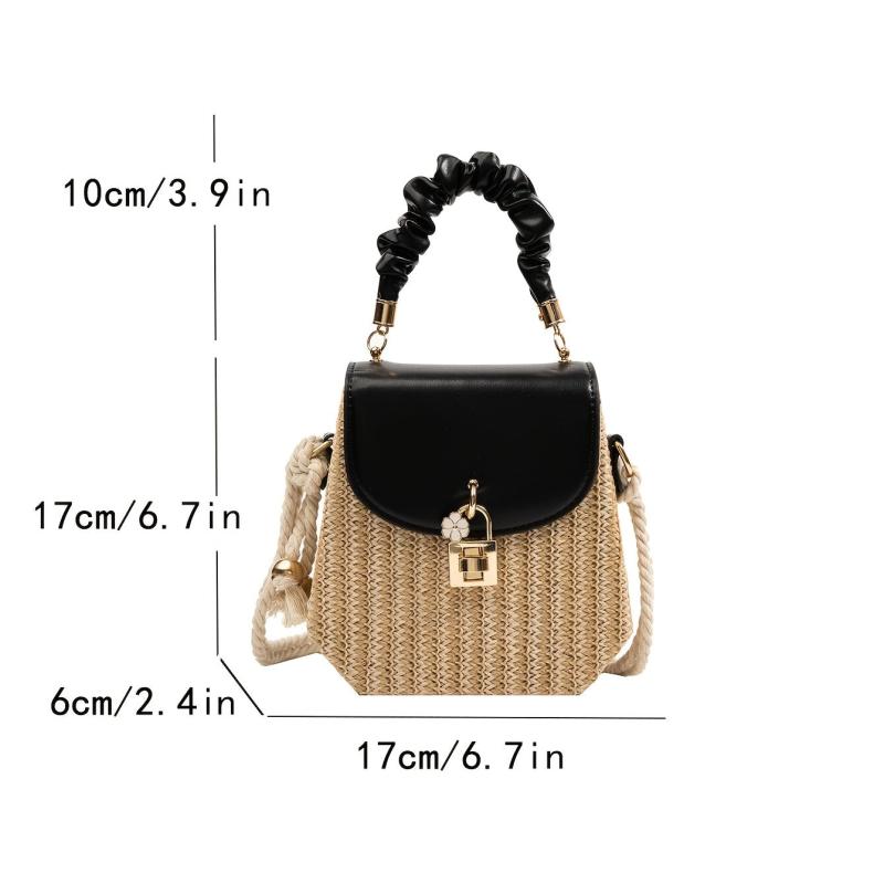 Mini Flower Decor Straw Bag Ruched Top Handle Bag Women's