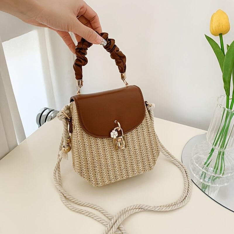 Mini Flower Decor Straw Bag Ruched Top Handle Bag Women's