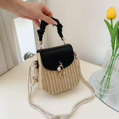 Mini Flower Decor Straw Bag Ruched Top Handle Bag Women's