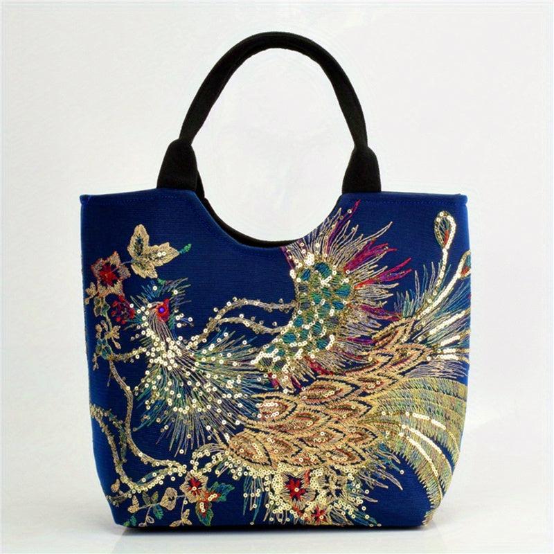 Ethnic Style Peacock Embroidered Large Capacity Canvas Tote Bag