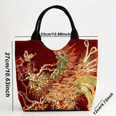 Ethnic Style Peacock Embroidered Large Capacity Canvas Tote Bag