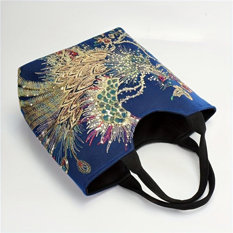Ethnic Style Peacock Embroidered Large Capacity Canvas Tote Bag