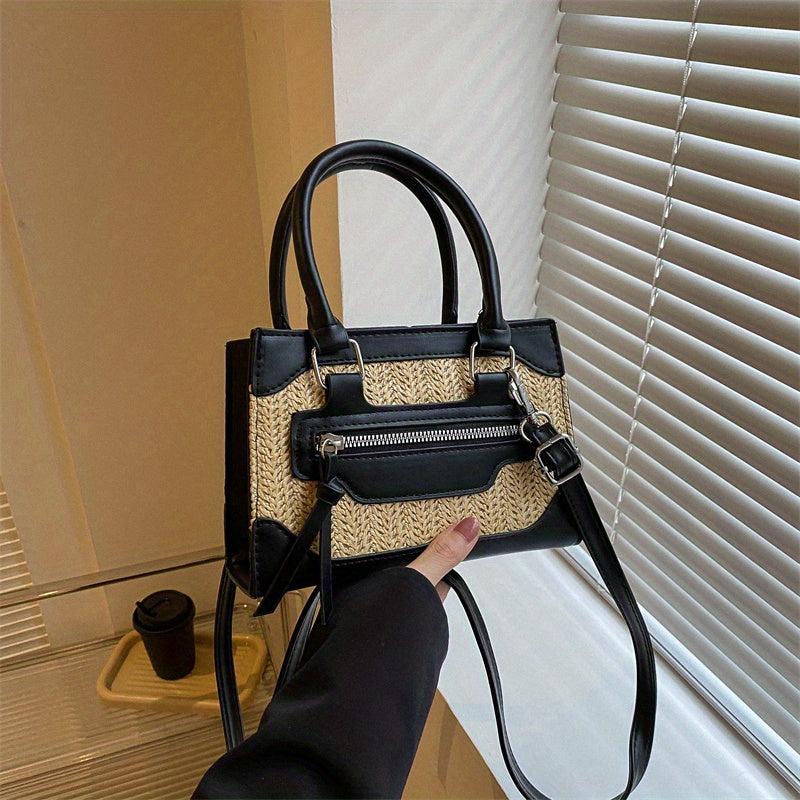 Woven Straw Crossbody Bag Boho Style Square Purse for Travel Beach