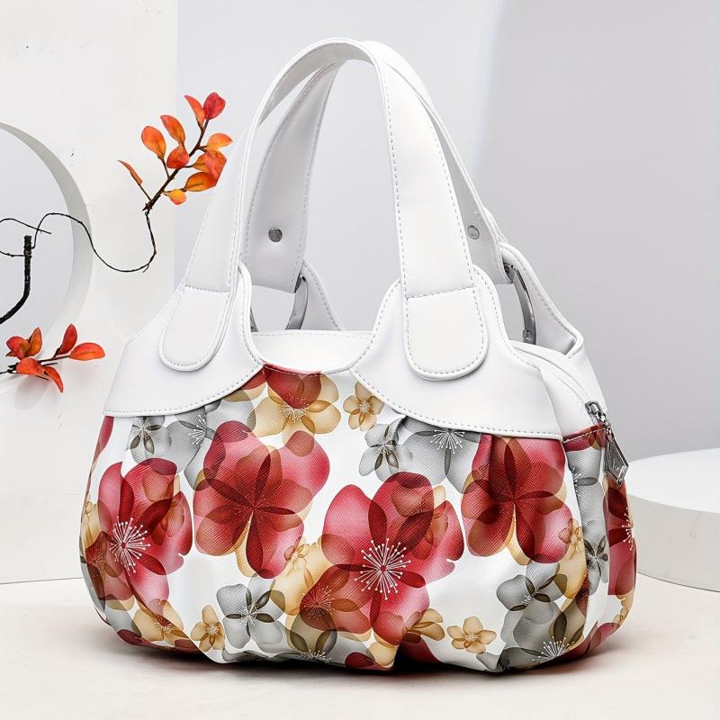 Flower Pattern Top Handle Tote Bag PU Leather Textured Shoulder Bag