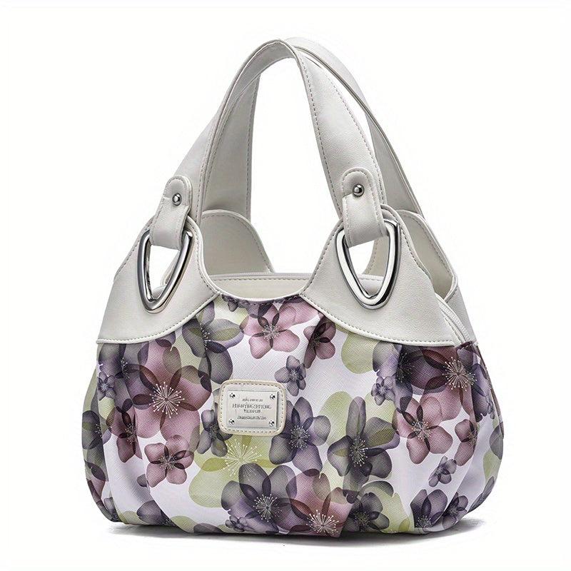 Flower Pattern Top Handle Tote Bag PU Leather Textured Shoulder Bag