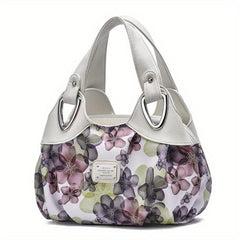 Flower Pattern Top Handle Tote Bag PU Leather Textured Shoulder Bag