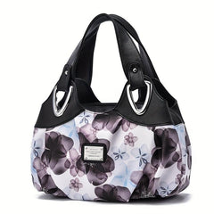 Flower Pattern Top Handle Tote Bag PU Leather Textured Shoulder Bag