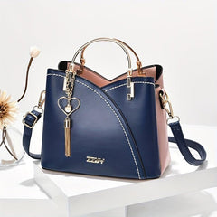 Colorblock Handbag Zipper Double Handle Purse PU Crossbody Bag