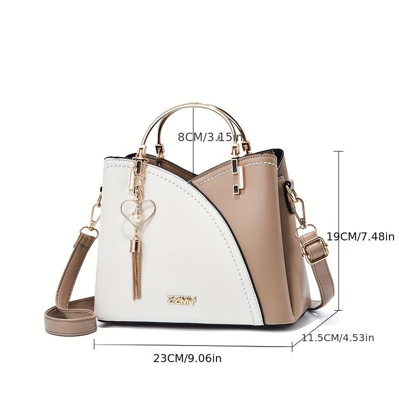 Colorblock Handbag Zipper Double Handle Purse PU Crossbody Bag