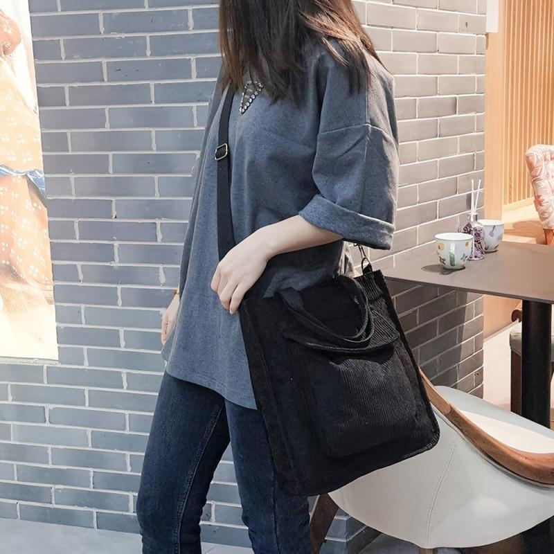 Striped Corduroy Shoulder Bag for Work & Shopping