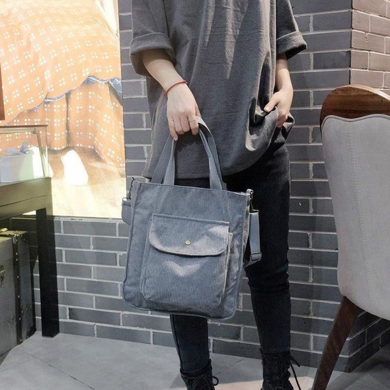 Striped Corduroy Shoulder Bag for Work & Shopping