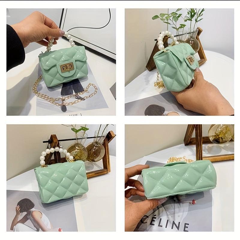 Jelly Handbag Chain Crossbody Bag Square Purse Faux Pearl Handle