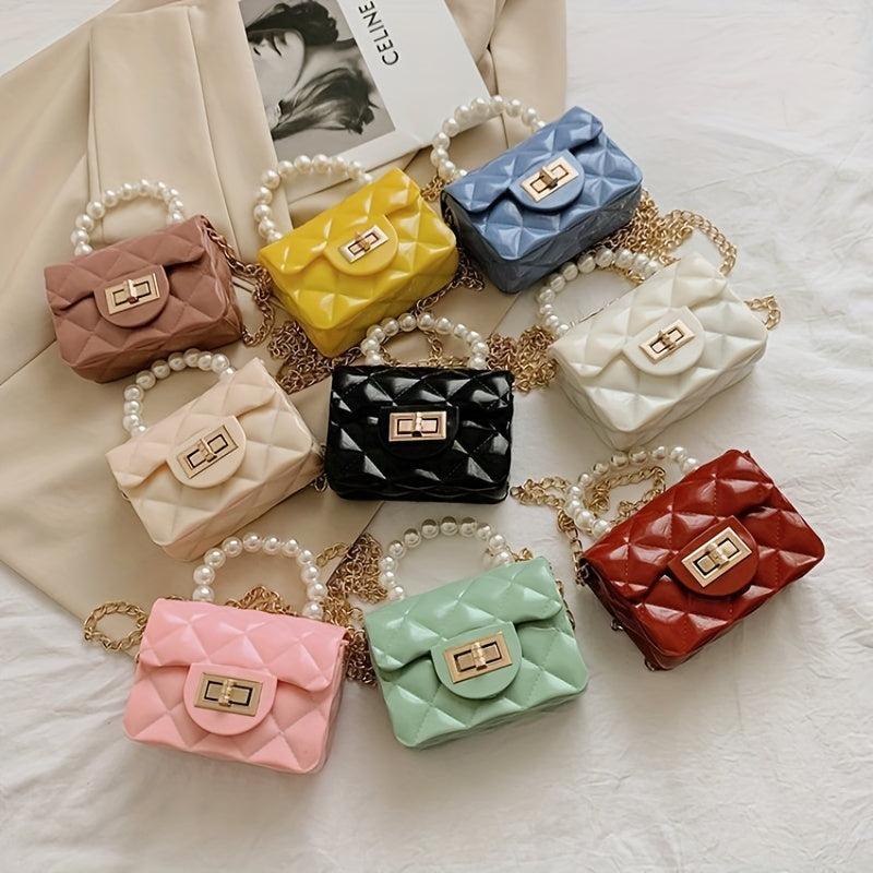 Jelly Handbag Chain Crossbody Bag Square Purse Faux Pearl Handle