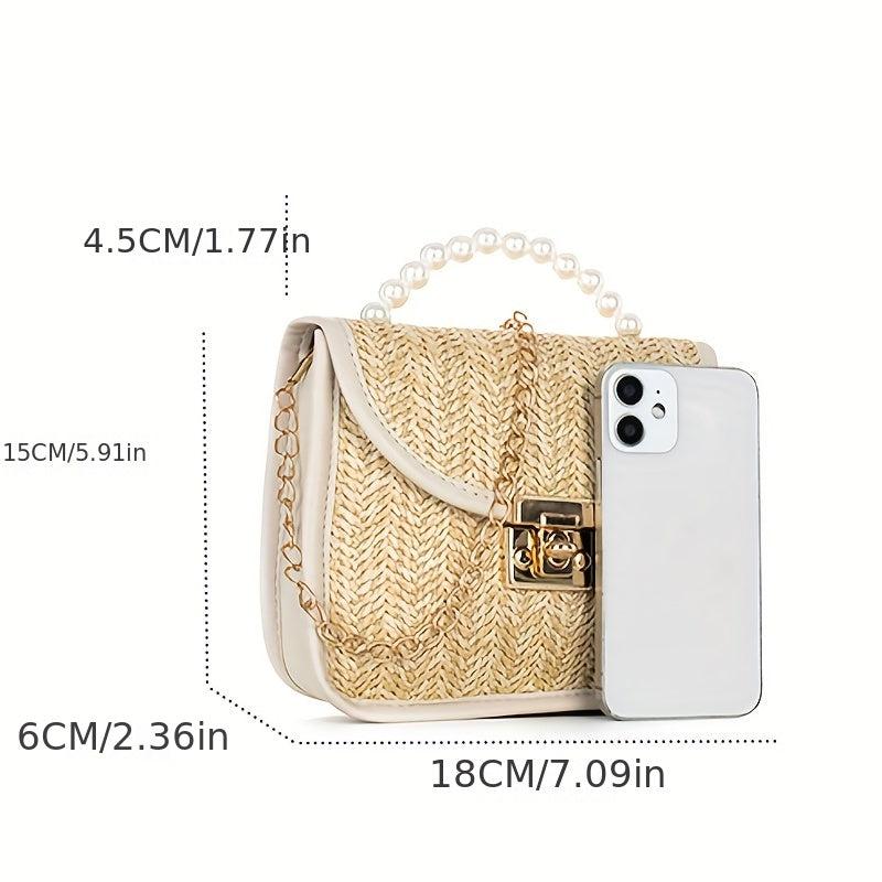 Straw Woven Pearl Handbag PU Leather Crossbody Bag