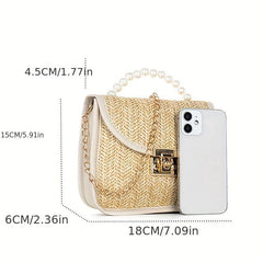 Straw Woven Pearl Handbag PU Leather Crossbody Bag