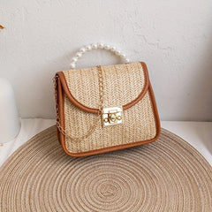 Straw Woven Pearl Handbag PU Leather Crossbody Bag