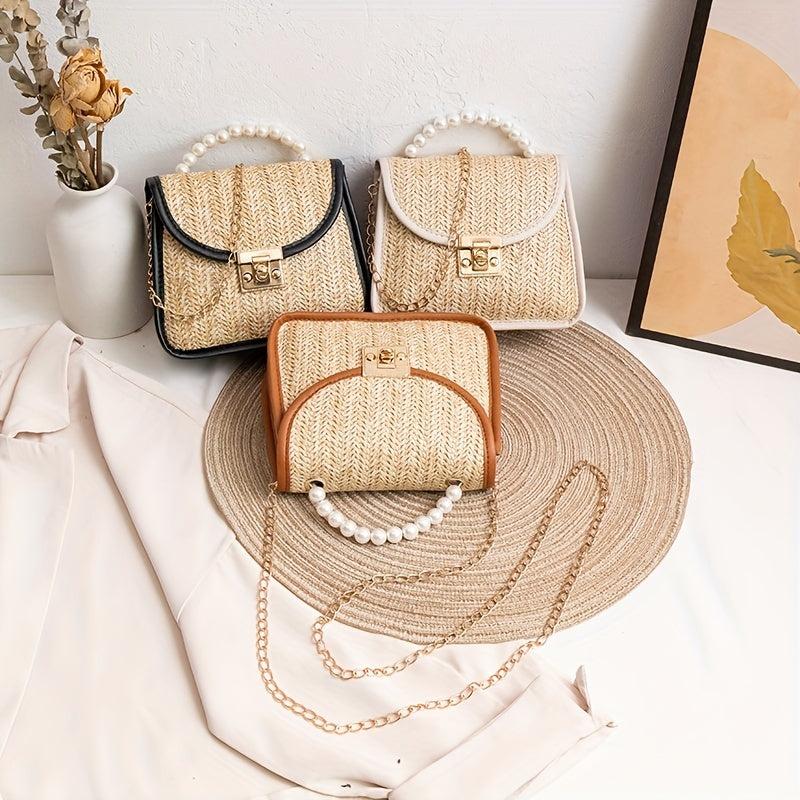 Straw Woven Pearl Handbag PU Leather Crossbody Bag