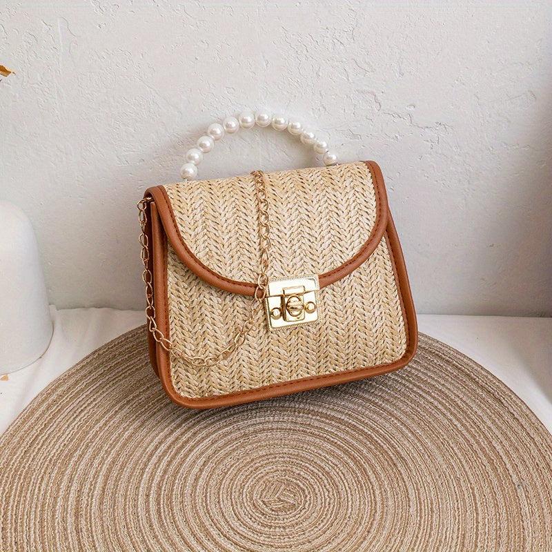 Straw Woven Pearl Handbag PU Leather Crossbody Bag