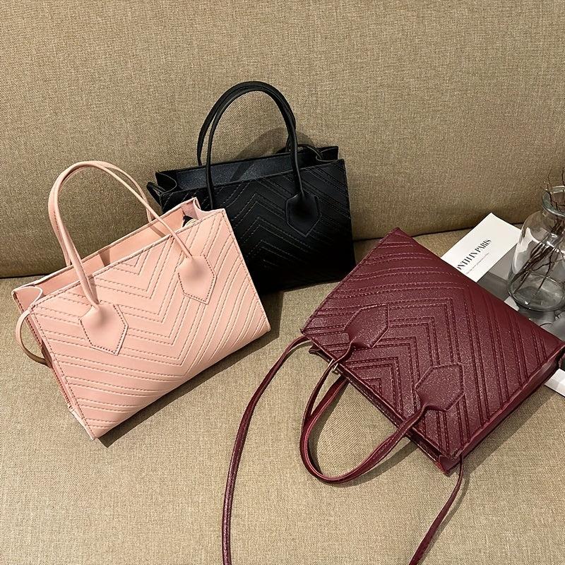 Chevron Embossed Tote Bag Solid Crossbody Top Handle Square Purses