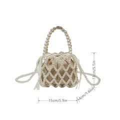 Pearl Straw Decor Bag Minimalist Drawstring Handbag