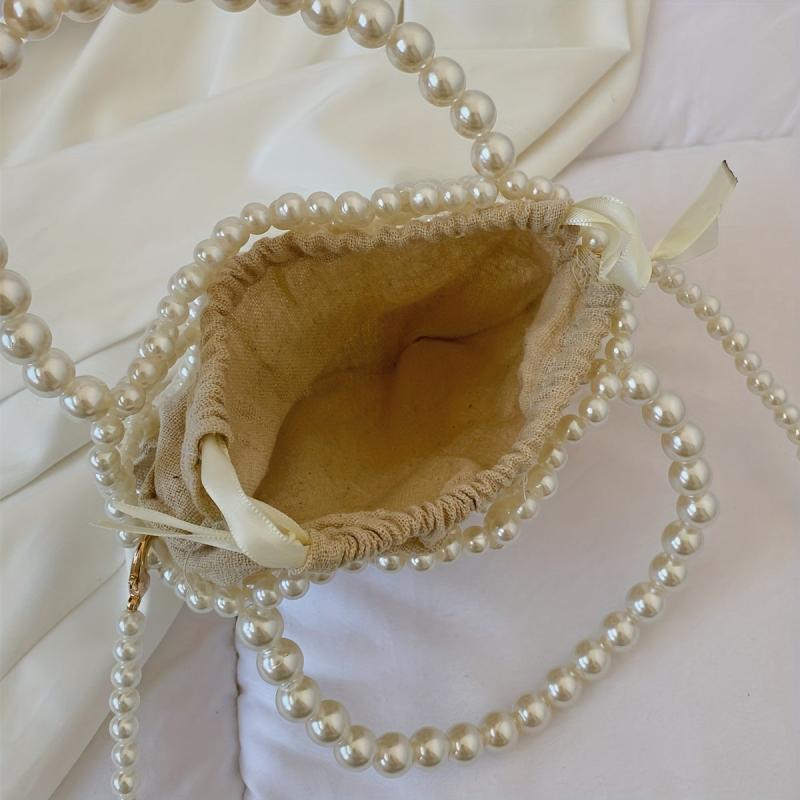 Pearl Straw Decor Bag Minimalist Drawstring Handbag