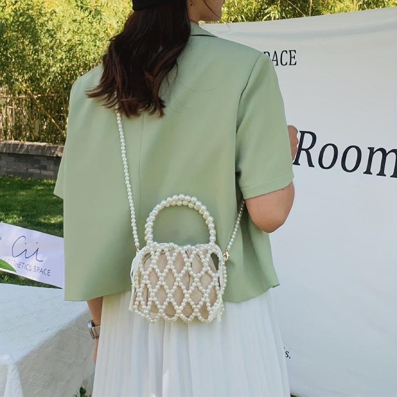 Pearl Straw Decor Bag Minimalist Drawstring Handbag