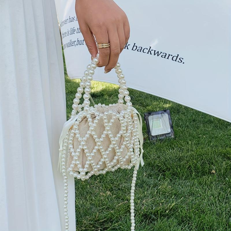 Pearl Straw Decor Bag Minimalist Drawstring Handbag