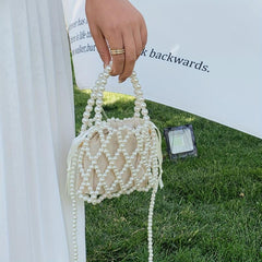 Pearl Straw Decor Bag Minimalist Drawstring Handbag