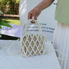 Pearl Straw Decor Bag Minimalist Drawstring Handbag