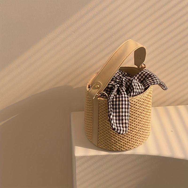Mini Straw Woven Bucket Bag for Women, Casual Summer Beach Handbag