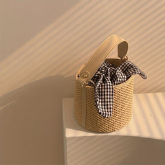 Mini Straw Woven Bucket Bag for Women, Casual Summer Beach Handbag