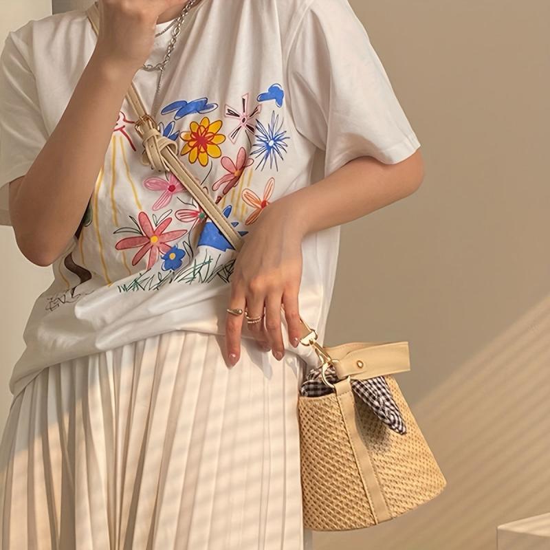 Mini Straw Woven Bucket Bag for Women, Casual Summer Beach Handbag