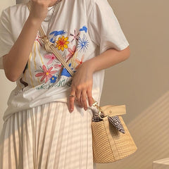 Mini Straw Woven Bucket Bag for Women, Casual Summer Beach Handbag