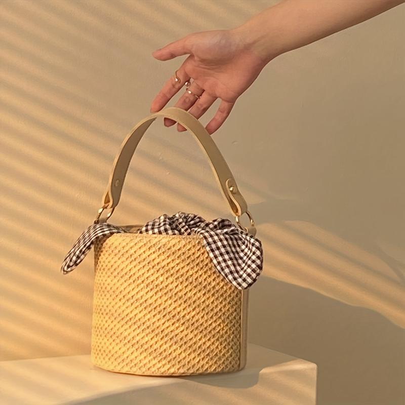 Mini Straw Woven Bucket Bag for Women, Casual Summer Beach Handbag