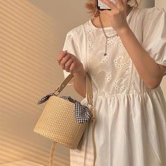 Mini Straw Woven Bucket Bag for Women, Casual Summer Beach Handbag