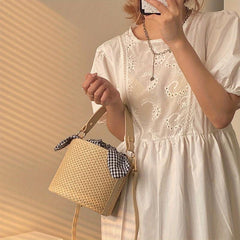Mini Straw Woven Bucket Bag for Women, Casual Summer Beach Handbag