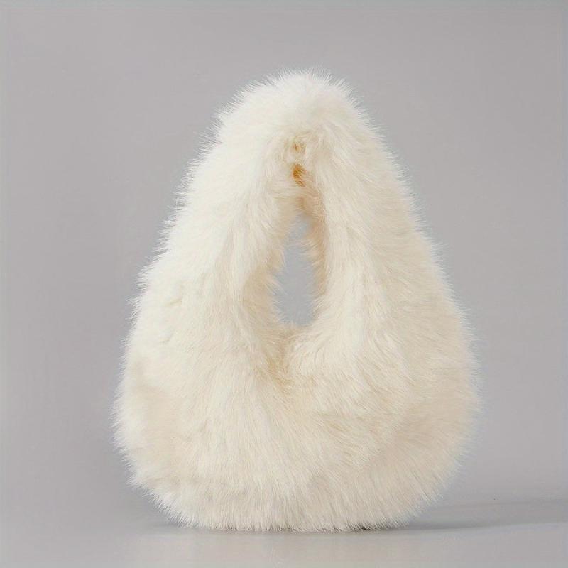 Plush Half Moon Handbag For Women Fluffy Underarm Bag Clutch Purse